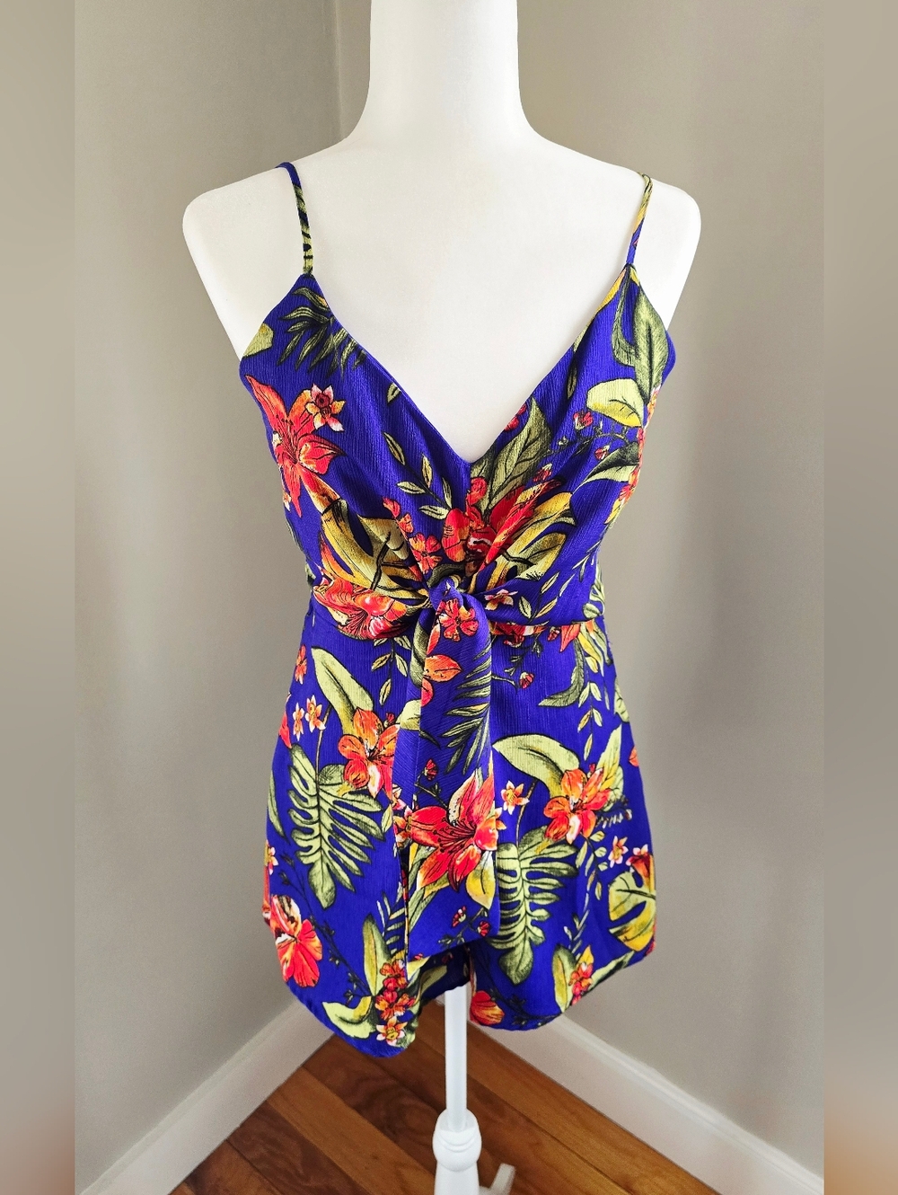 Royal Blue Tropical Floral Tie-Front Romper